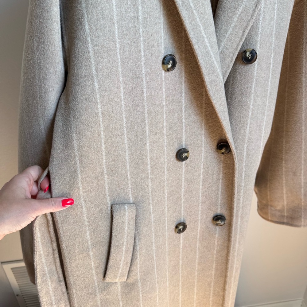 Zara Long Teddy Stripped Coat Wool Blended Trench Sz M - Picture 9 of 14